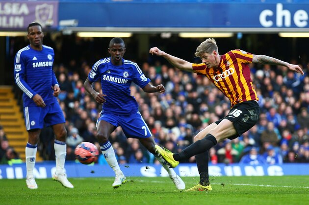LONDON, ENGLAND - JANUARY 24:  Jonathan Stead of Bradford City scores his team's first goal during the FA Cup Fourth Round match between Chelsea and Bradford City at Stamford Bridge on January 24, 2015 in London, England.  (Photo by Paul Gilham/Getty Images)