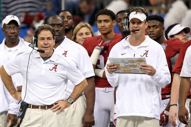 Jan 1, 2015; New Orleans, LA, USA; Alabama Crimson Tide head coach Nick Saban and offensive coordinator Lane Kiffin on the sidelines in the second quarter of the 2015 Sugar Bowl at Mercedes-Benz Superdome. Mandatory Credit: Chuck Cook-USA TODAY Sports