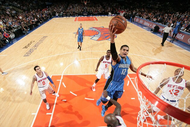NEW YORK, NY - JANUARY 23:  Tobias Harris #12 of the Orlando Magic shoots the ball against the New York Knicks during the game on January 23, 2015 at Madison Square Garden in New York City, New York.  NOTE TO USER: User expressly acknowledges and agrees that, by downloading and or using this photograph, User is consenting to the terms and conditions of the Getty Images License Agreement. Mandatory Copyright Notice: Copyright 2015 NBAE  (Photo by Nathaniel S. Butler/NBAE via Getty Images)