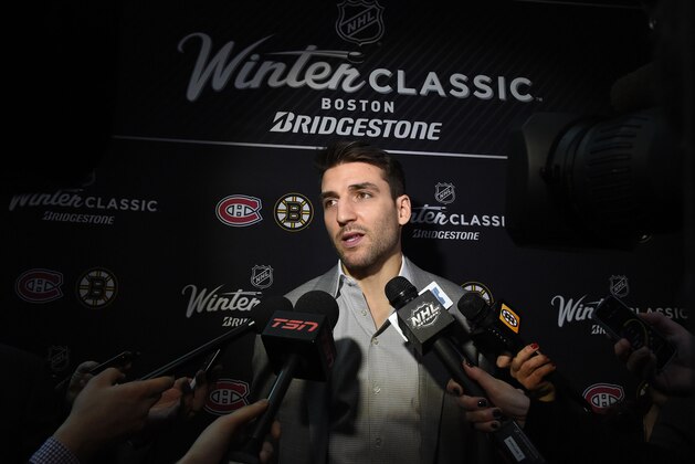 COLUMBUS, OH - JANUARY 24: Patrice Bergeron #37 of the Boston Bruins and Team Toews speaks speaks to the media after the 2015 NHL All-Star Weekend Commissioners Press Conference at Nationwide Arena on January 24, 2015 in Columbus, Ohio. (Photo by Brian Babineau/NHLI via Getty Images)