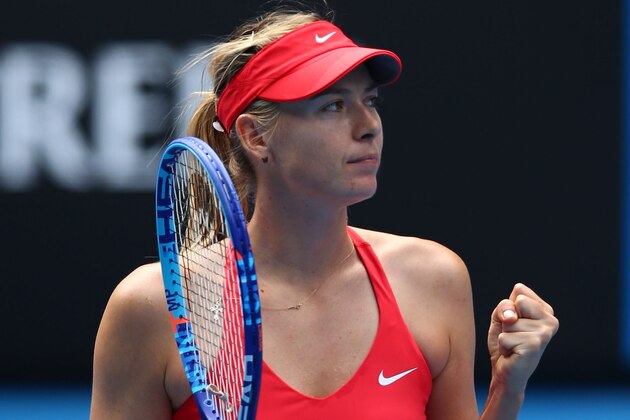 MELBOURNE, AUSTRALIA - JANUARY 25:  Maria Sharapova of Russia celebrates in her fourth round match against Shuai Peng of China during day seven of the 2015 Australian Open at Melbourne Park on January 25, 2015 in Melbourne, Australia.  (Photo by Mark Kolbe/Getty Images)