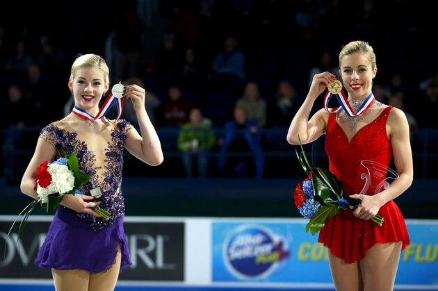 GREENSBORO, NC - JANUARY 24:  (L-R) Gracie Gold and Ashley Wagner celebrate after the Championship Ladies Free Skate Program Competition during day 3 of the 2015 Prudential U.S. Figure Skating Championships at Greensboro Coliseum on January 24, 2015 in Greensboro, North Carolina.  (Photo by Streeter Lecka/Getty Images)