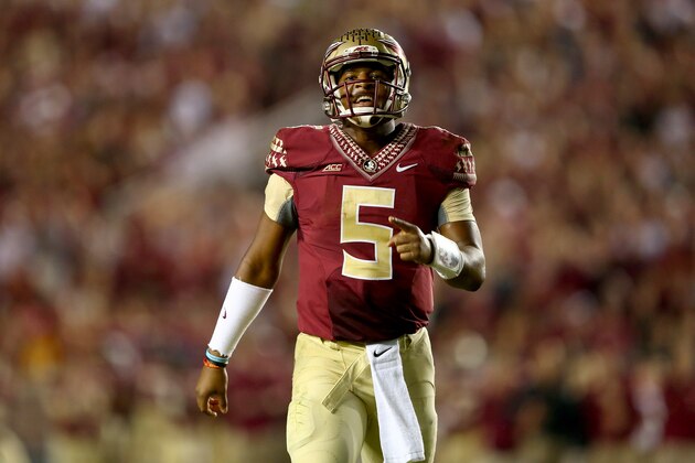 TALLAHASSEE, FL - OCTOBER 18:  Jameis Winston #5 of the Florida State Seminoles during their game at Doak Campbell Stadium on October 18, 2014 in Tallahassee, Florida.  (Photo by Streeter Lecka/Getty Images)