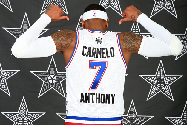 NEW YORK, NY - JANUARY 22:  Carmelo Anthony #7 of the New York Knicks poses for his All Star Starter photos on January 22, 2015 at Madison Square Garden in New York City, New York. NOTE TO USER: User expressly acknowledges and agrees that, by downloading and or using this photograph, User is consenting to the terms and conditions of the Getty Images License Agreement. Mandatory Copyright Notice: Copyright 2014 NBAE (Photo by Nathaniel S. Butler/NBAE via Getty Images)