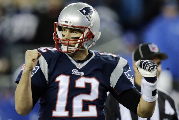 New England Patriots quarterback Tom Brady (12) reacts during the first half of the NFL football AFC Championship game against the Indianapolis Colts Sunday, Jan. 18, 2015, in Foxborough, Mass. (AP Photo/Charles Krupa)