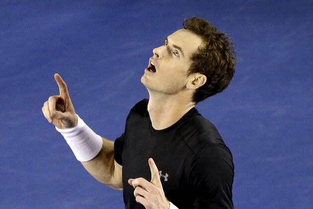 Andy Murray of Britain celebrates after defeating Grigor Dimitrov of Bulgaria in their fourth round match at the Australian Open tennis championship in Melbourne, Australia, Monday, Jan. 26, 2015. (AP Photo/Lee Jin-man)
