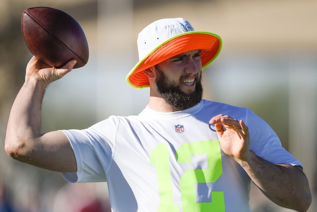 January 22, 2015; Phoenix, AZ, USA; Team Carter quarterback Andrew Luck of the Indianapolis Colts (12) passes the football during the 2015 Pro Bowl practice at Luke Air Force Base. Mandatory Credit: Kyle Terada-USA TODAY Sports