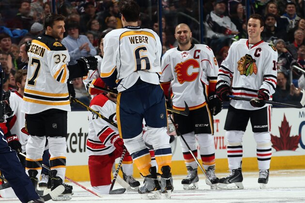 COLUMBUS, OH - JANUARY 24:  Shea Weber #6 of the Nashville Predators and Team Toews celebrates after hitting a shot with a speed of 108.4 to win the AMP NHL Hardest Shot event of the 2015 Honda NHL All-Star Skills Competition at Nationwide Arena on January 24, 2015 in Columbus, Ohio.  (Photo by Dave Sandford/NHLI via Getty Images)