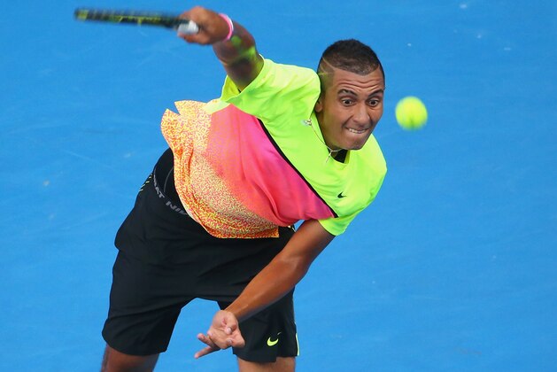 MELBOURNE, AUSTRALIA - JANUARY 25:  Nick Kyrgios of Australia serves in his fourth round match against Andreas Seppi of Italy during day seven of the 2015 Australian Open at Melbourne Park on January 25, 2015 in Melbourne, Australia.  (Photo by Scott Barbour/Getty Images)