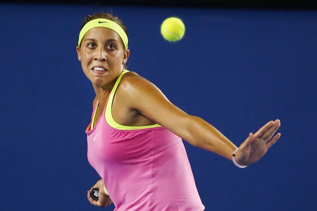 MELBOURNE, AUSTRALIA - JANUARY 24:  Madison Keys of the USA plays a forehand in her third round match against Petra Kvitova of the Czech Republic during day six of the 2015 Australian Open at Melbourne Park on January 24, 2015 in Melbourne, Australia.  (Photo by Michael Dodge/Getty Images)