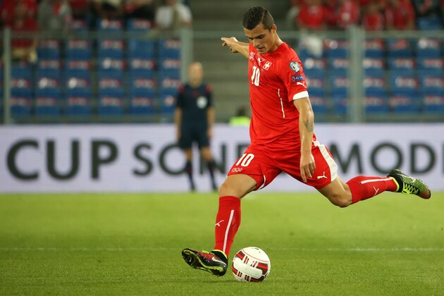 BASEL, SWITZERLAND - SEPTEMBER 08: Granit Xhaka of Switzerland plays the ball during the EURO 2016 Qualifier match between Switzerland and England on September 8, 2014 in Basel, Switzerland. (Photo by Philipp Schmidli/Getty Images)