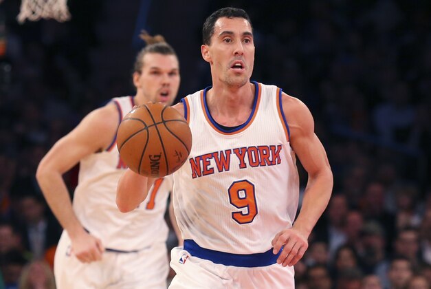 Jan 23, 2015; New York, NY, USA;  New York Knicks guard Pablo Prigioni (9) advances the ball during the second quarter against the Orlando Magic at Madison Square Garden. Mandatory Credit: Anthony Gruppuso-USA TODAY Sports