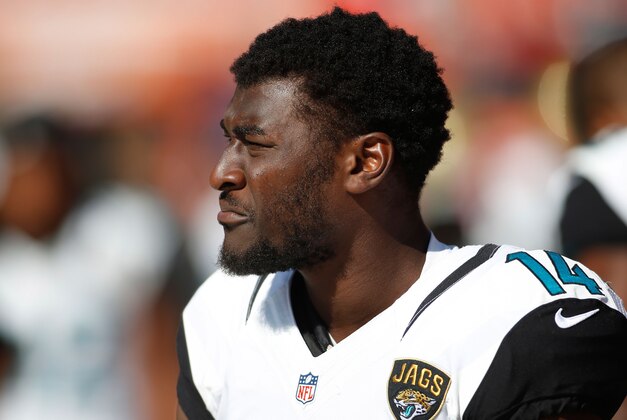 Oct 13, 2013; Denver, CO, USA; Jacksonville Jaguars wide receiver Justin Blackmon (14) during the game against the Denver Broncos at Sports Authority Field at Mile High. Mandatory Credit: Chris Humphreys-USA TODAY Sports
