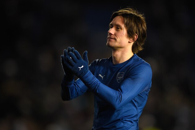 BRIGHTON, ENGLAND - JANUARY 25:  Tomas Rosicky  of Arsenal salutes the travelling fans at the end of the FA Cup Fourth Round match between Brighton & Hove Albion and Arsenal at Amex Stadium on January 25, 2015 in Brighton, England.  (Photo by Mike Hewitt/Getty Images)