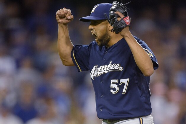 Milwaukee Brewers relief pitcher Francisco Rodriguez celebrates the last in the Brewers' 3-2 win over the Los Angeles Dodgers in a baseball game, Saturday, Aug. 16, 2014, in Los Angeles. (AP Photo/Mark J. Terrill)