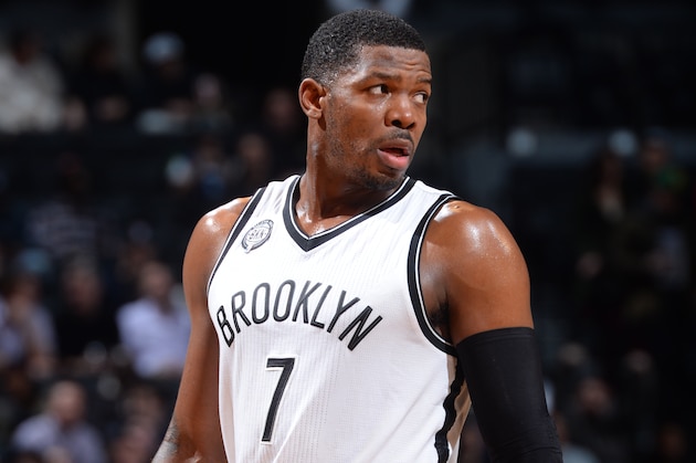 BROOKLYN, NY - JANUARY 14: Joe Johnson #7 of the Brooklyn Nets looks on against the Memphis Grizzlies at the Barclays Center on January 14, 2015 in Brooklyn, NY NOTE TO USER: User expressly acknowledges and agrees that, by downloading and/or using this Photograph, user is consenting to the terms and conditions of the Getty Images License Agreement. Mandatory Copyright Notice: Copyright 2015 NBAE (Photo by Jesse D. Garrabrant/NBAE via Getty Images)