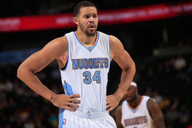 DENVER, CO - NOVEMBER 03:  JaVale McGee #34 of the Denver Nuggets looks on during a break in the action against the Sacramento Kings at Pepsi Center on November 3, 2014 in Denver, Colorado. The Kings defeated the Nuggets 110-105. NOTE TO USER: User expressly acknowledges and agrees that, by downloading and or using this photograph, User is consenting to the terms and conditions of the Getty Images License Agreement.  (Photo by Doug Pensinger/Getty Images)