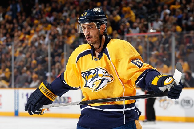NASHVILLE, TN - JANUARY 16: Mike Ribeiro #63 of the Nashville Predators skates against the Washington Capitals during an NHL game at Bridgestone Arena on January 16, 2015 in Nashville, Tennessee. (Photo by John Russell/NHLI via Getty Images)