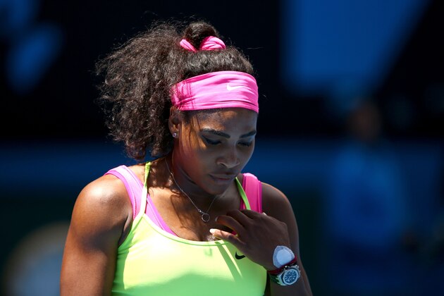 MELBOURNE, AUSTRALIA - JANUARY 26:  Serena Williams of the United States reacts to a point in her fourth round match against Garbine Muguruza of Spain during day eight of the 2015 Australian Open at Melbourne Park on January 26, 2015 in Melbourne, Australia.  (Photo by Clive Brunskill/Getty Images)