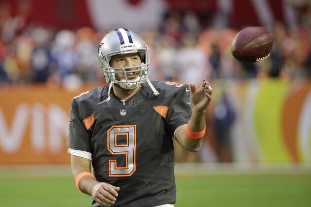 Dallas Cowboys' Tony Romo warms up before the NFL Football Pro Bowl Sunday, Jan. 25, 2015, in Glendale, Ariz. (AP Photo/David J. Phillip) Dallas Cowboys' Tony Romo warms up before the NFL Football Pro Bowl Sunday, Jan. 25, 2015, in Glendale, Ariz. (AP Photo/David J. Phillip)