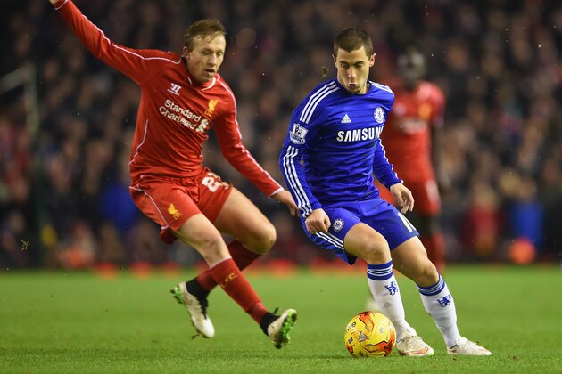 LIVERPOOL, ENGLAND - JANUARY 20: Eden Hazard of Chelsea is marshalled by Lucas Leiva of Liverpool  during the Capital One Cup Semi-Final first leg match between Liverpool and Chelsea at Anfield on January 20, 2015 in Liverpool, England.  (Photo by Michael Regan/Getty Images)