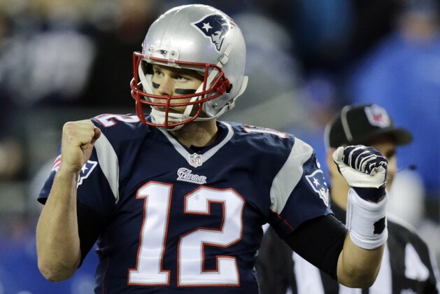 New England Patriots quarterback Tom Brady (12) reacts during the first half of the NFL football AFC Championship game against the Indianapolis Colts Sunday, Jan. 18, 2015, in Foxborough, Mass. (AP Photo/Charles Krupa)