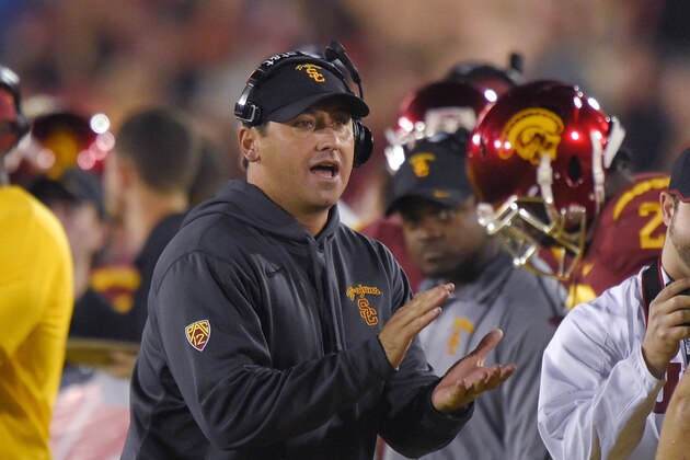 Southern California coach Steve Sarkisian claps during the second half of an NCAA college football game against California, Thursday, Nov. 13, 2014, in Los Angeles. USC won 38-30. (AP Photo/Mark J. Terrill)