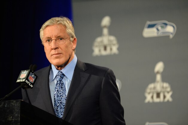 Jan 25, 2015; Phoenix, AZ, USA; Seattle Seahawks head coach Pete Carroll fields and answers questions during at press conference at the Arizona Grand Hotel in preparation for Super Bowl XLIX. at Arizona Grand Hotel. Mandatory Credit: Joe Camporeale-USA TODAY Sports