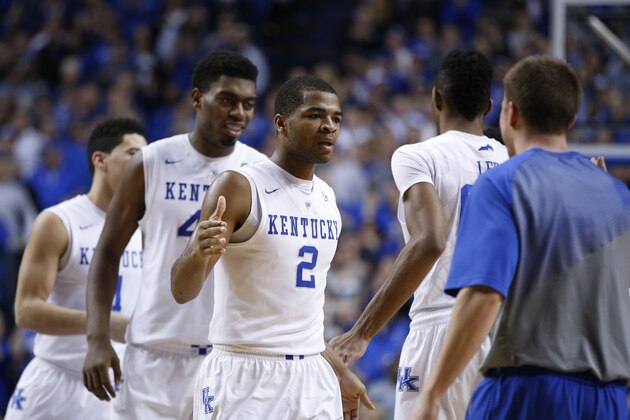 LEXINGTON, KY - JANUARY 20: Aaron Harrison #2 of the Kentucky Wildcats celebrates with teammates after a made basket against the Vanderbilt Commodores during the game at Rupp Arena on January 20, 2015 in Lexington, Kentucky. Kentucky defeated Vanderbilt 65-57. (Photo by Joe Robbins/Getty Images)