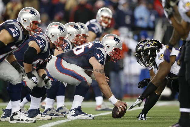 Jan 10, 2015; Foxborough, MA, USA; New England Patriots center Bryan Stork (66) prepares to snap the ball against the Baltimore Ravens during the first half in the 2014 AFC Divisional playoff football game at Gillette Stadium. Mandatory Credit: Greg M. Cooper-USA TODAY Sports Jan 10, 2015; Foxborough, MA, USA; New England Patriots center Bryan Stork (66) prepares to snap the ball against the Baltimore Ravens during the first half in the 2014 AFC Divisional playoff football game at Gillette Stadium. Mandatory Credit: Greg M. Cooper-USA TODAY Sports
