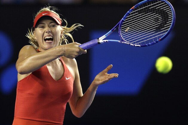 Maria Sharapova of Russia makes a forehand return to Petra Martic of Croatia during their first round match at the Australian Open tennis championship in Melbourne, Australia, Monday, Jan. 19, 2015. (AP Photo/Bernat Armangue)