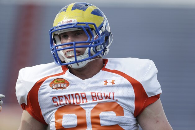 Delaware tight end Nick Boyle (86) watches during practice for the Senior Bowl college football game at Ladd-Peebles Stadium, Tuesday, Jan. 20, 2015, in Mobile, Ala. (AP Photo/Brynn Anderson)