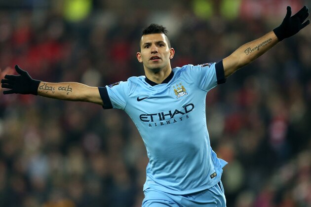 Manchester City's Sergio Aguero celebrates his goal during their English Premier League soccer match against Sunderland at the Stadium of Light, Sunderland, England, Wednesday, Dec. 3, 2014. (AP Photo/Scott Heppell)