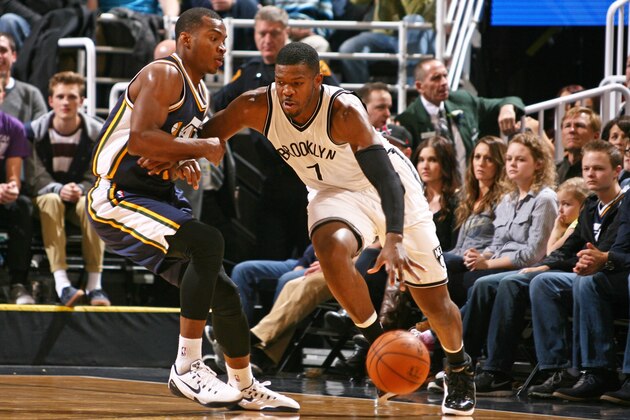 SALT LAKE CITY, UT - JANUARY 24:  Joe Johnson #7 of the Brooklyn Nets handles the ball against the Utah Jazz during the game on January 24, 2015 at EnergySolutions Arena in Salt Lake City, Utah. NOTE TO USER: User expressly acknowledges and agrees that, by downloading and or using this Photograph, User is consenting to the terms and conditions of the Getty Images License Agreement. Mandatory Copyright Notice: Copyright 2015 NBAE (Photo by Melissa Majchrzak/NBAE via Getty Images)