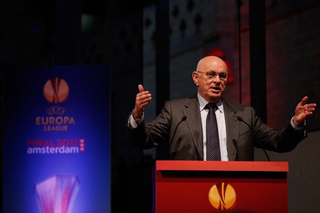 AMSTERDAM, NETHERLANDS - APRIL 18:  Michael van Praag, KNVB President speaks to the media and guests during the UEFA Europa League trophy handover ceremony at Beurs van Berlage on April 18, 2013 in Amsterdam, Netherlands. Amsterdam Arena will host the final of the UEFA Europa League on May 15.  (Photo by Dean Mouhtaropoulos/Getty Images)