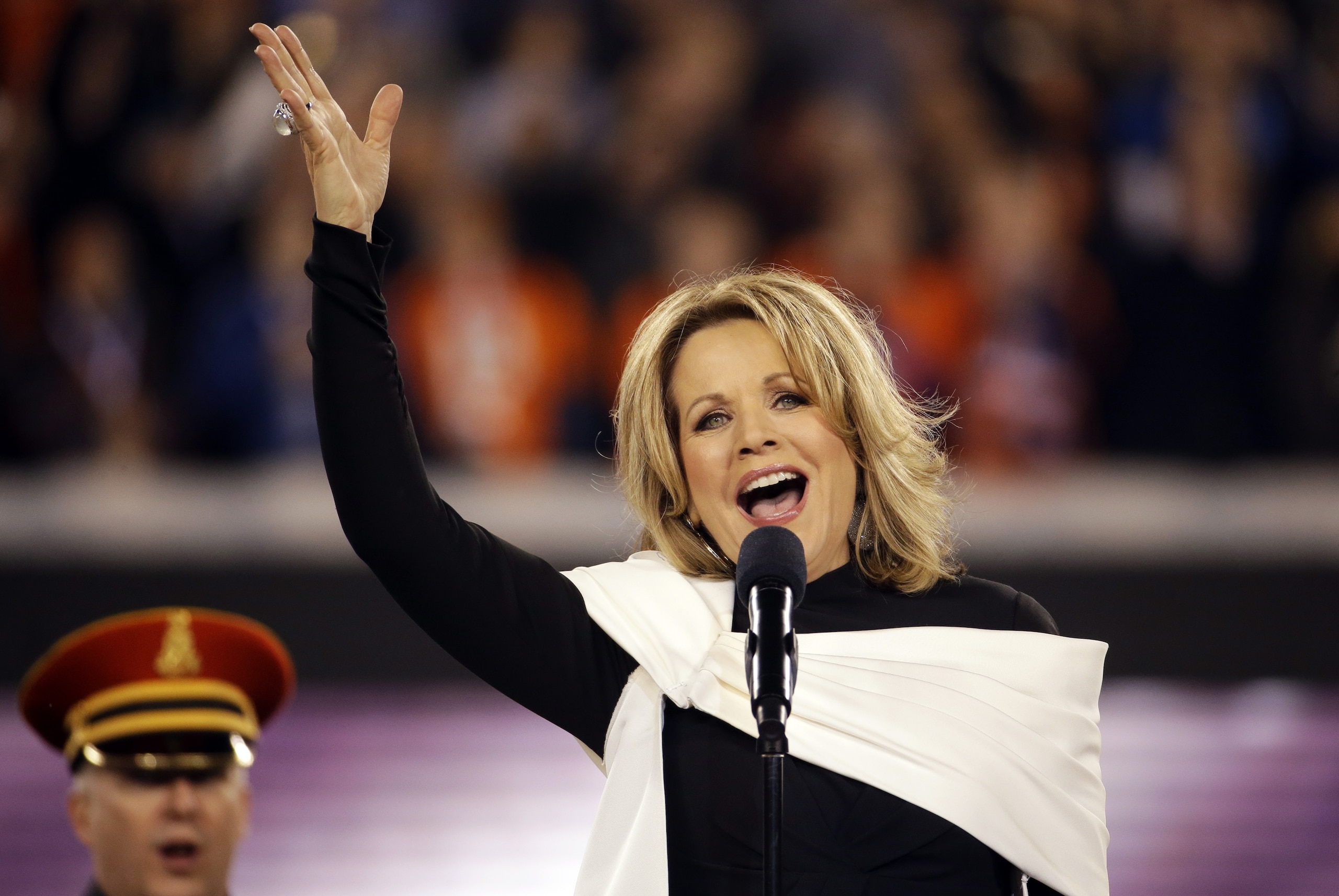 Opera singer Renée Fleming sings the national anthem before the NFL Super Bowl XLVIII football game between the Seattle Seahawks and the Denver Broncos, Sunday, Feb. 2, 2014, in East Rutherford, N.J. (AP Photo/Matt Slocum) Opera singer Renée Fleming sings the national anthem before the NFL Super Bowl XLVIII football game between the Seattle Seahawks and the Denver Broncos, Sunday, Feb. 2, 2014, in East Rutherford, N.J. (AP Photo/Matt Slocum)