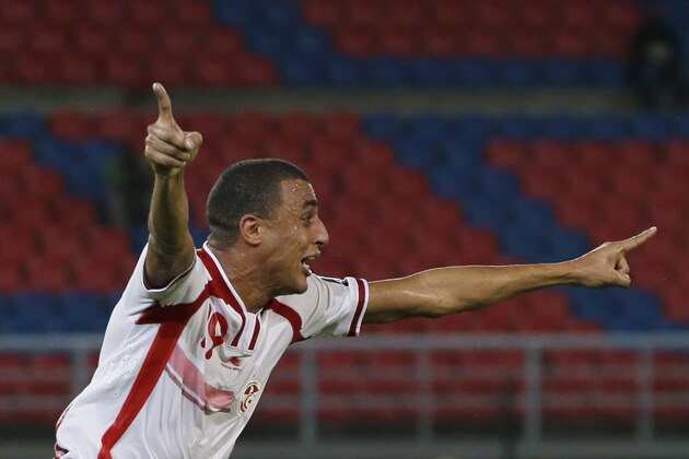 Tunisia's Ahmed Akaichi celebrates scoring a goal during their African Cup of Nations Group B soccer match against DR Congo in Bata, Equatorial Guinea, Monday, Jan. 26, 2015. (AP Photo/Themba Hadebe)
