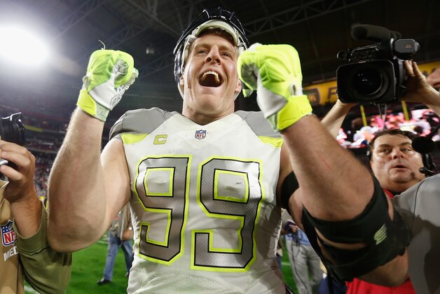 GLENDALE, AZ - JANUARY 25: Team Carter defensive end J.J. Watt #99 of the Houston Texans celebrates after the 2015 Pro Bowl at University of Phoenix Stadium on January 25, 2015 in Glendale, Arizona.  (Photo by Christian Petersen/Getty Images)