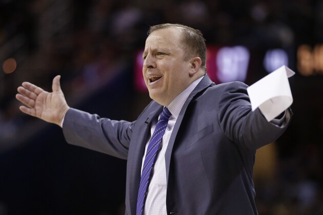Chicago Bulls head coach Tom Thibodeau reacts to a call in the fourth quarter of an NBA basketball game against the Cleveland Cavaliers Monday, Jan. 19, 2015, in Cleveland. Chicago lost to the Cavaliers 108-94. (AP Photo/Mark Duncan)