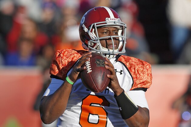 Alabama quarterback Blake Sims (6) drops back to pass in the first half of the Senior Bowl NCAA college football game Saturday, Jan. 24, 2015, in Mobile, Ala. (AP Photo/Butch Dill)