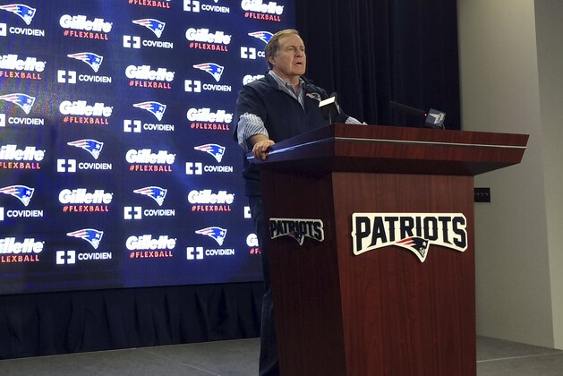 New England Patriots football head coach Bill Belichick speaks at Gillette Stadium Saturday, Jan. 24, 2015, in Foxborough, Mass., where he defended the way his team preps its game balls. (AP Photo/Jimmy Golen