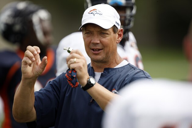 Denver Broncos offensive line coach Rick Dennison takes part in drills during training camp at the Broncos' headquarters in Englewood, Colo., on Tuesday, Aug. 4, 2009. (AP Photo/David Zalubowski)