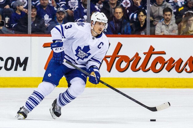 Jan 3, 2015; Winnipeg, Manitoba, CAN; Toronto Maple Leafs defenceman Dion Phaneuf (3) handles the puck in action against the Winnipeg Jets at MTS Centre. Mandatory Credit: Shawn Coates-USA TODAY Sports Jan 3, 2015; Winnipeg, Manitoba, CAN; Toronto Maple Leafs defenceman Dion Phaneuf (3) handles the puck in action against the Winnipeg Jets at MTS Centre. Mandatory Credit: Shawn Coates-USA TODAY Sports