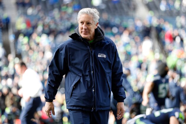 SEATTLE, WA - JANUARY 18:  Head coach Pete Carroll of the Seattle Seahawks looks on prior to the 2015 NFC Championship game against the Green Bay Packers at CenturyLink Field on January 18, 2015 in Seattle, Washington.  (Photo by Christian Petersen/Getty Images)