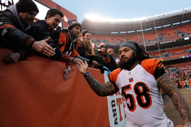 CLEVELAND, OH - DECEMBER 14:  Rey Maualuga #58 of the Cincinnati Bengals celebrates with fans after a 30-0 win over the Cleveland Browns at FirstEnergy Stadium on December 14, 2014 in Cleveland, Ohio.  (Photo by Jason Miller/Getty Images)