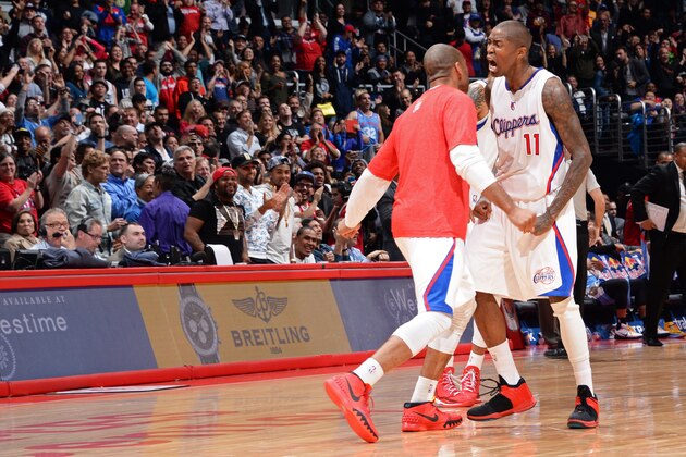 LOS ANGELES, CA -  JANUARY 26: Jamal Crawford #11 of the Los Angeles Clippers celebrates during the game against the Denver Nuggets on January 26, 2015 at STAPLES Center in Los Angeles, California. NOTE TO USER: User expressly acknowledges and agrees that, by downloading and or using this Photograph, user is consenting to the terms and conditions of the Getty Images License Agreement. Mandatory Copyright Notice: Copyright 2015 NBAE (Photo by Juan Ocampo/NBAE via Getty Images)