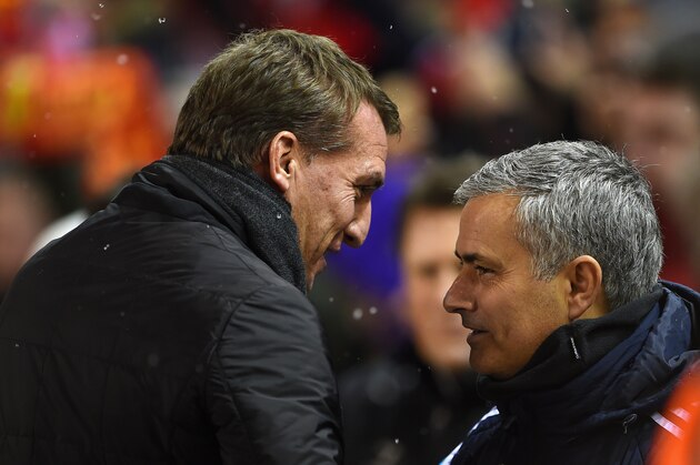 LIVERPOOL, ENGLAND - JANUARY 20: Brendan Rodgers, manager of Liverpool greets Jose Mourinho manager of Chelsea during the Capital One Cup Semi-Final first leg match between Liverpool and Chelsea at Anfield on January 20, 2015 in Liverpool, England.  (Photo by Michael Regan/Getty Images)