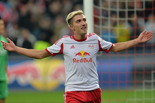 Salzburg's  Kevin Kampl reacts after  the Europa League group C soccer match  between Red  Bull Salzburg and Standard de Liege  in Salzburg, Austria, Thursday, Oct.  24, 2013. Salzburg won 2-0. (AP Photo/Kerstin Joensson)