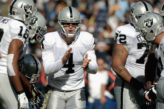 SAN DIEGO, CA - NOVEMBER 16:  Quarterback Derek Carr #4 of the Oakland Raiders huddles with his team before the first play of the game against the San Diego Chargers at Qualcomm Stadium on November 16, 2014 in San Diego, California.  (Photo by Donald Miralle/Getty Images)