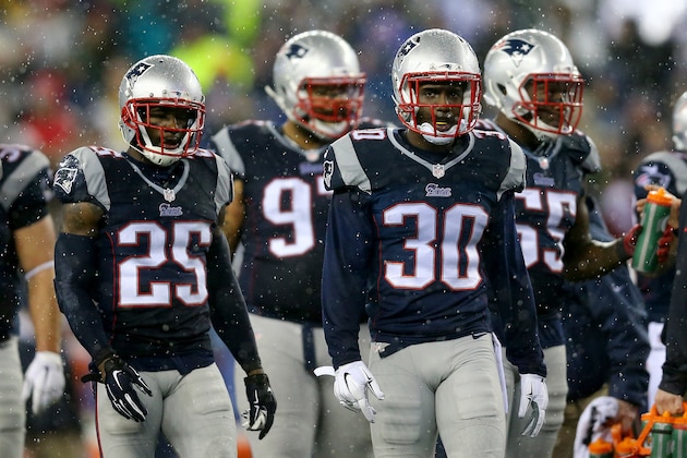 FOXBORO, MA - JANUARY 18:   LeGarrette Blount #29 and  Duron Harmon #30 of the New England Patriots look on against the Indianapolis Colts of the 2015 AFC Championship Game at Gillette Stadium on January 18, 2015 in Foxboro, Massachusetts.  (Photo by Maddie Meyer/Getty Images)